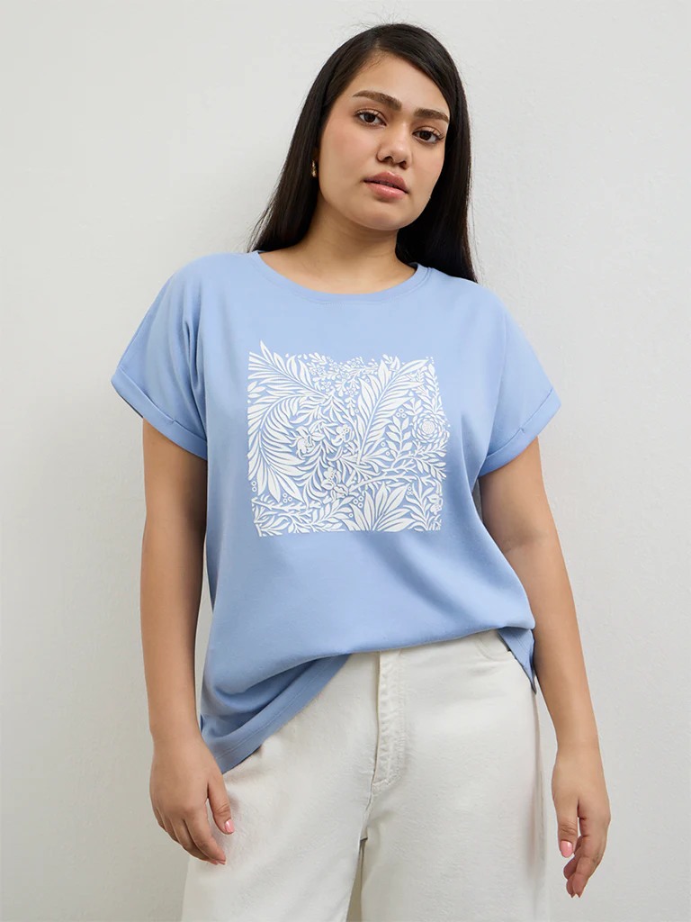 Gia Blue Foliage Printed Cotton T-Shirt