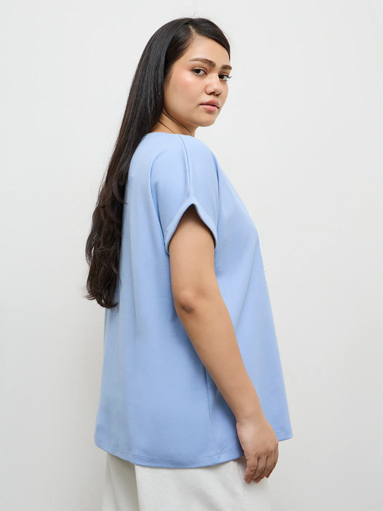 Gia Blue Foliage Printed Cotton T-Shirt - Image 4