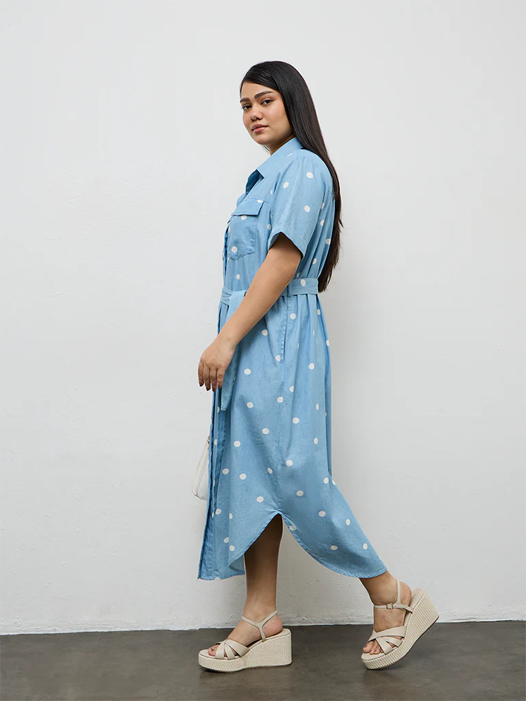 Gia Blue Polka Dotted Cotton Shirt Dress with Belt - Image 2