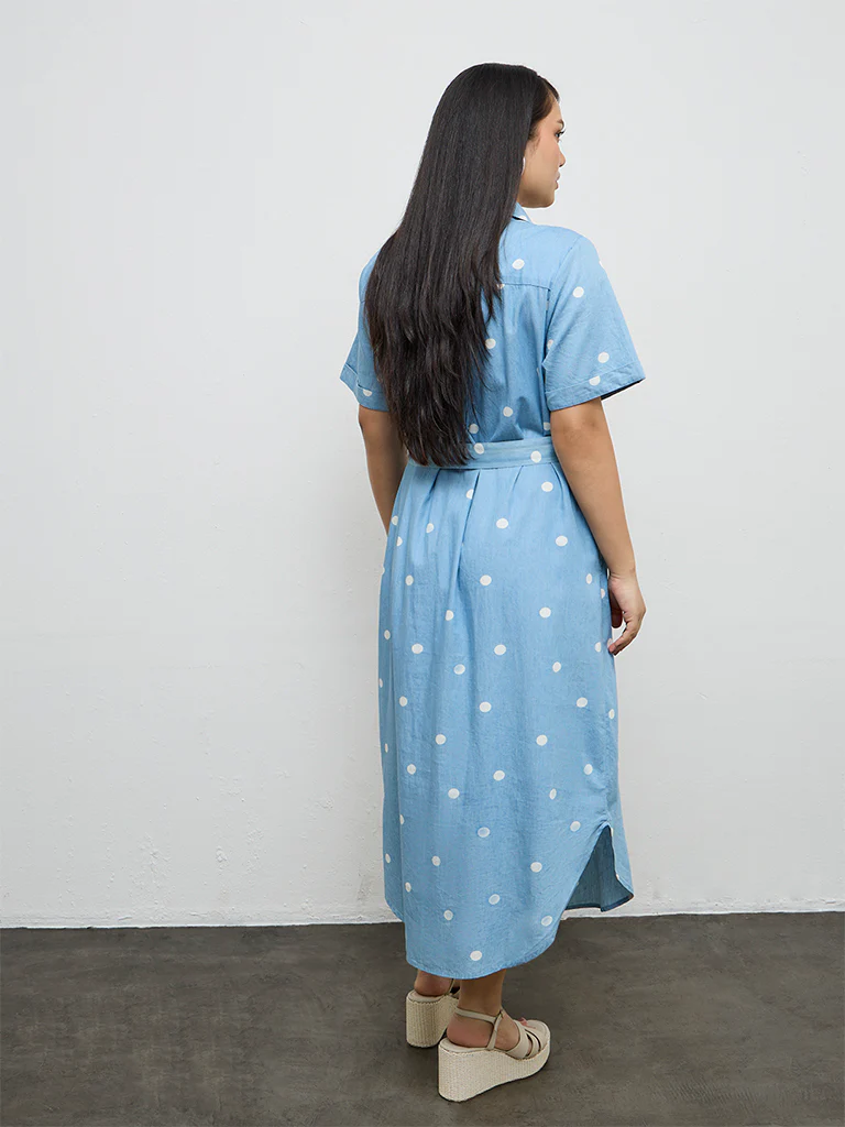 Gia Blue Polka Dotted Cotton Shirt Dress with Belt - Image 4