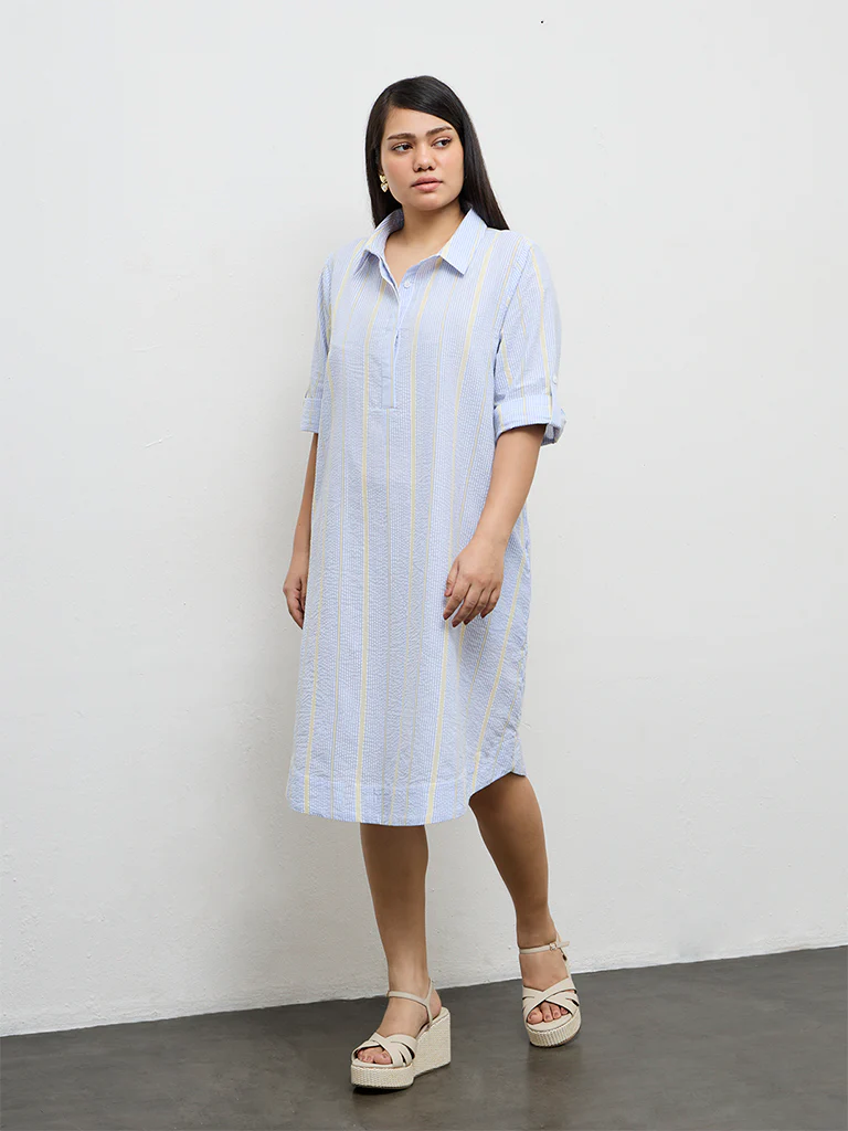 Gia Blue Seersucker Striped Cotton-Blend A-Line Dress - Image 2