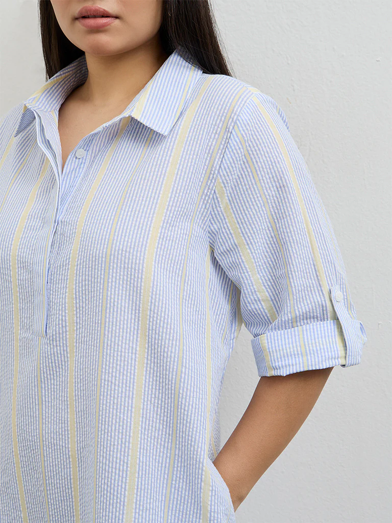 Gia Blue Seersucker Striped Cotton-Blend A-Line Dress - Image 3