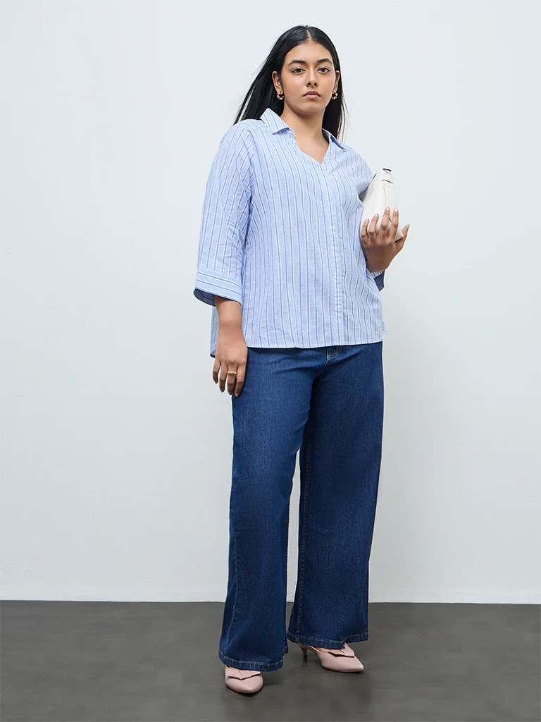 Gia Blue Striped Cotton-Blend Blouse