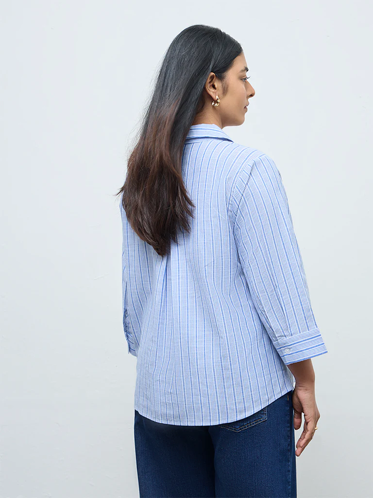 Gia Blue Striped Cotton-Blend Blouse - Image 4