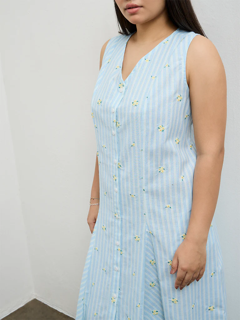 Gia Blue Striped Cotton-Blend Straight Dress - Image 3
