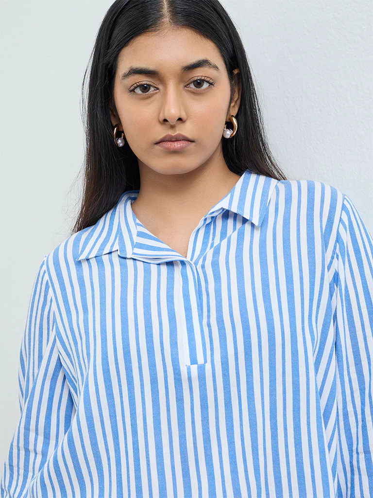 Gia Blue Striped Cotton Blouse - Image 3