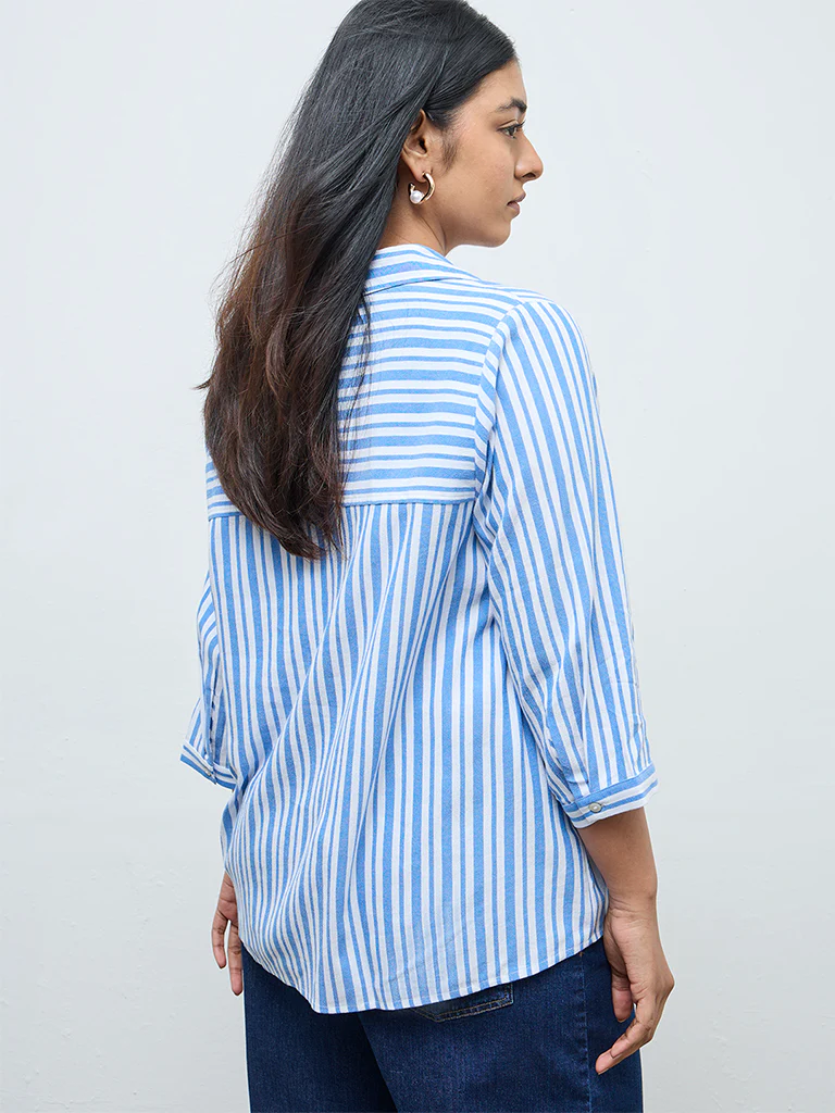 Gia Blue Striped Cotton Blouse - Image 4