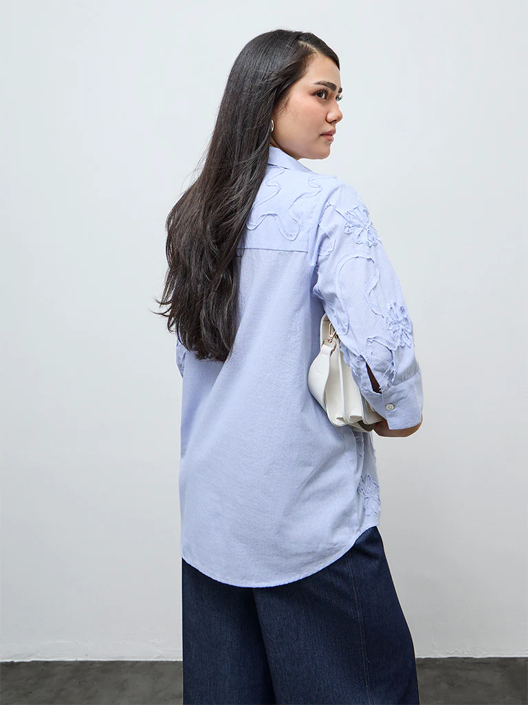 Gia Blue Textured Cotton Shirt - Image 4