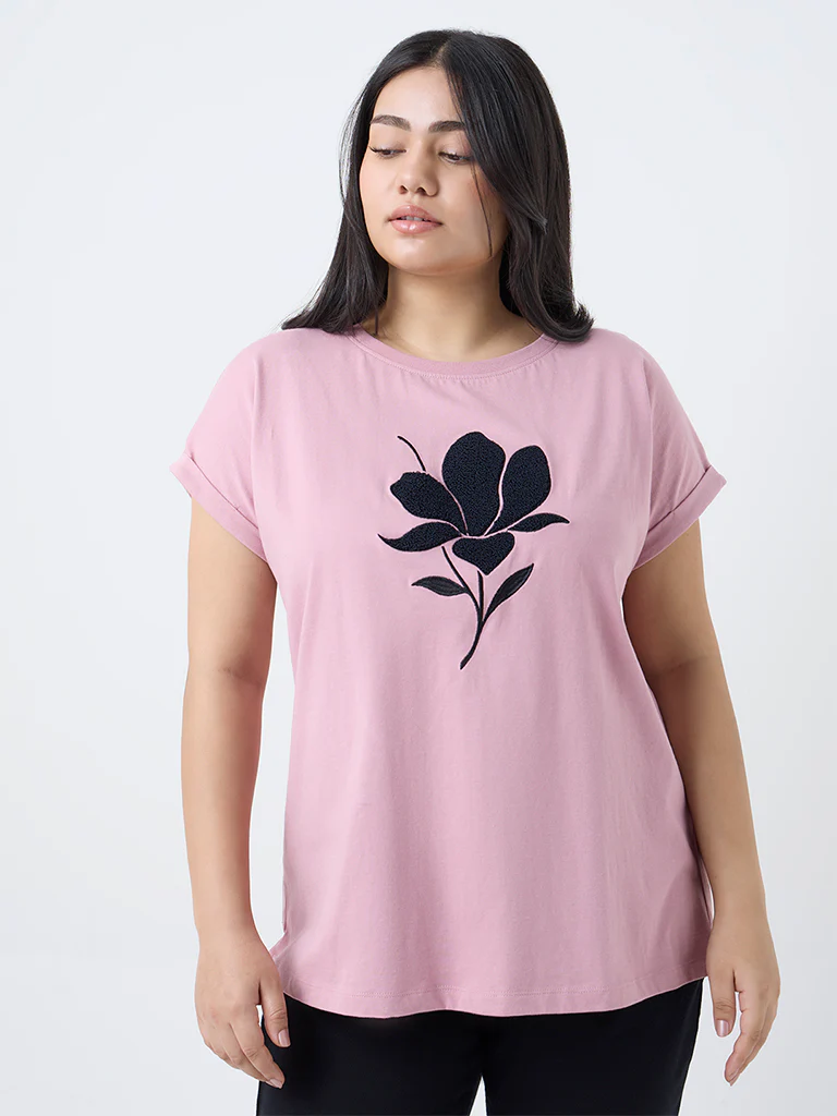 Gia Blush Pink Floral Embroidered Cotton T-Shirt