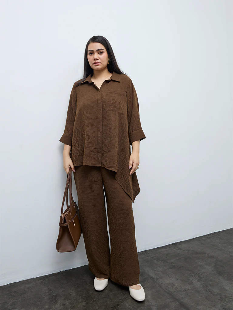 Gia Brown Crinkle Textured High-Rise Cotton Trousers