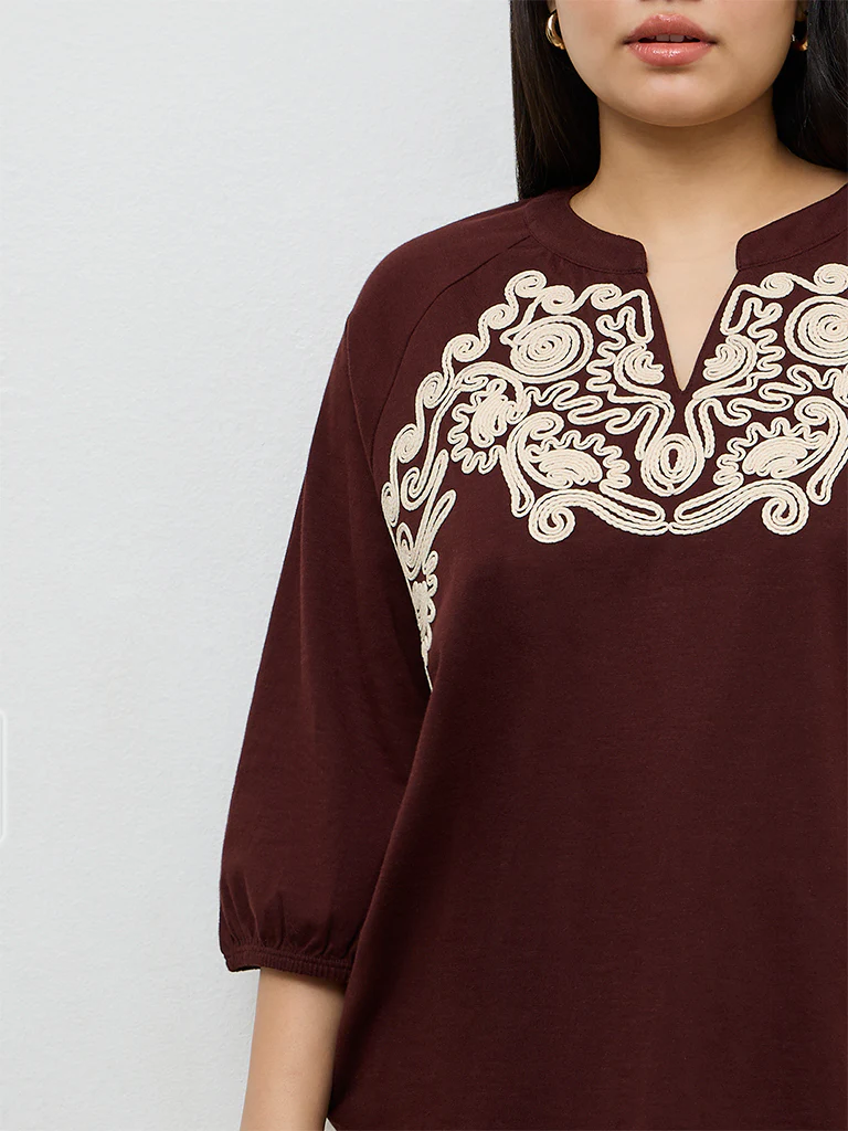 Gia Brown Embroidered Cotton Blouse - Image 3