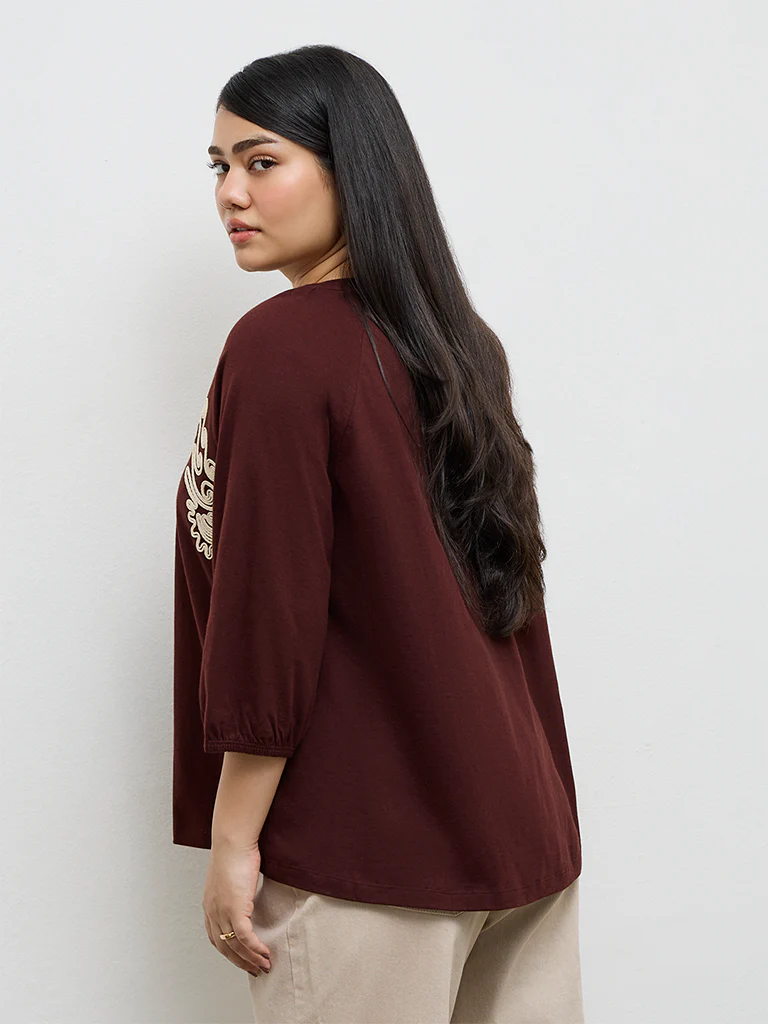 Gia Brown Embroidered Cotton Blouse - Image 4