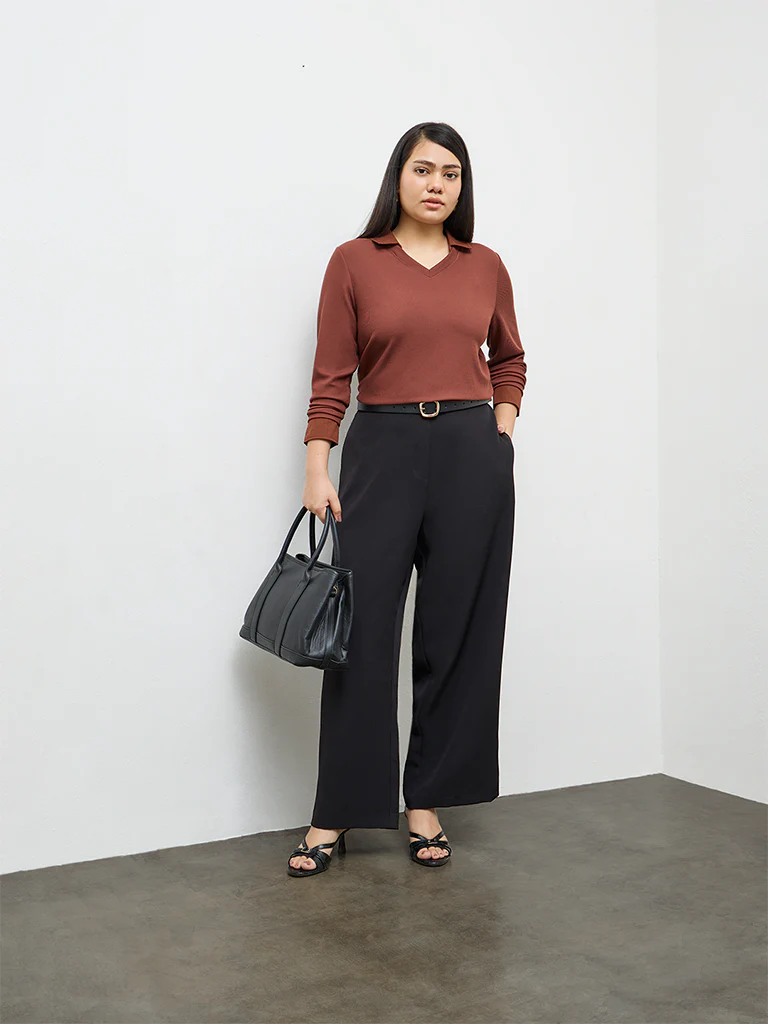 Gia Brown Ribbed-Textured T-Shirt
