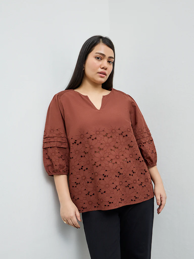 Gia Brown Schiffli Embroidered Cotton Blouse