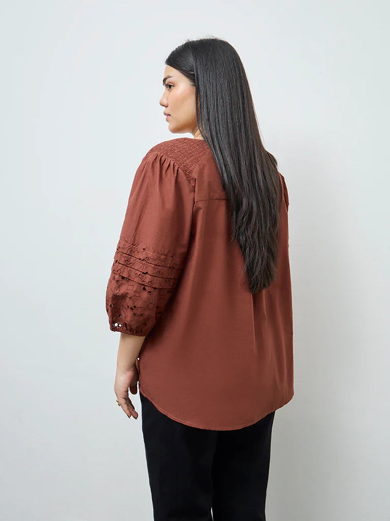 Gia Brown Schiffli Embroidered Cotton Blouse - Image 4