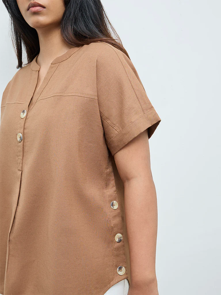 Gia Brown Solid Cotton-Blend Blouse - Image 3