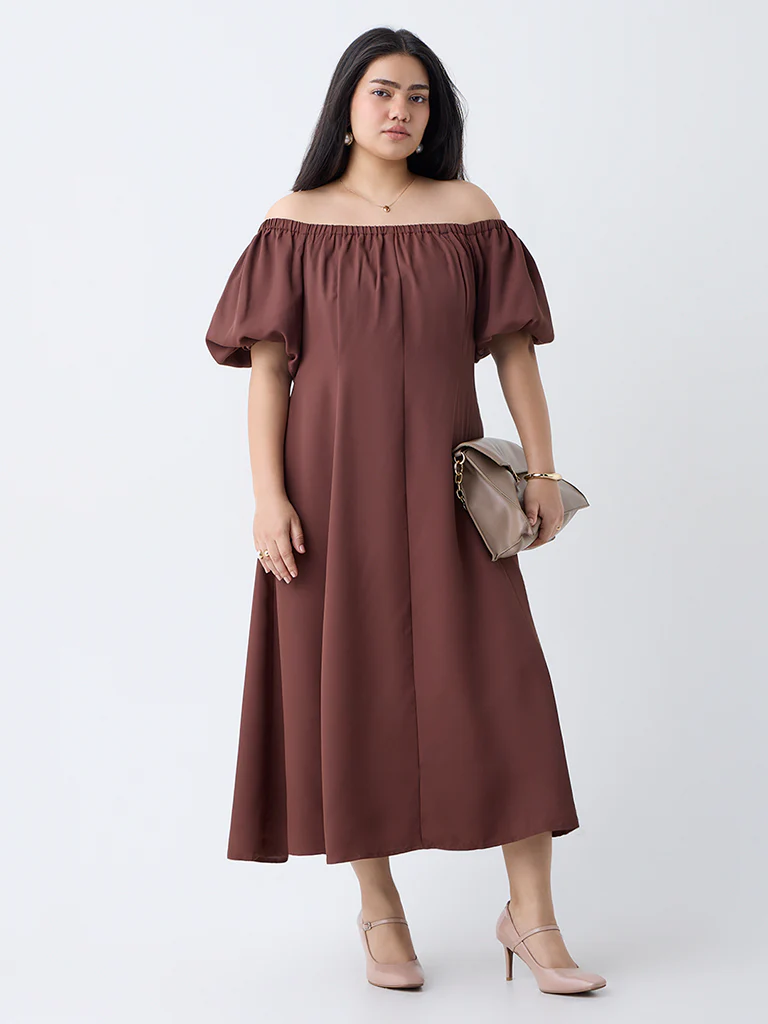Gia Brown Solid Off-Shoulder Dress