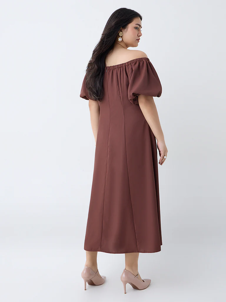 Gia Brown Solid Off-Shoulder Dress - Image 4