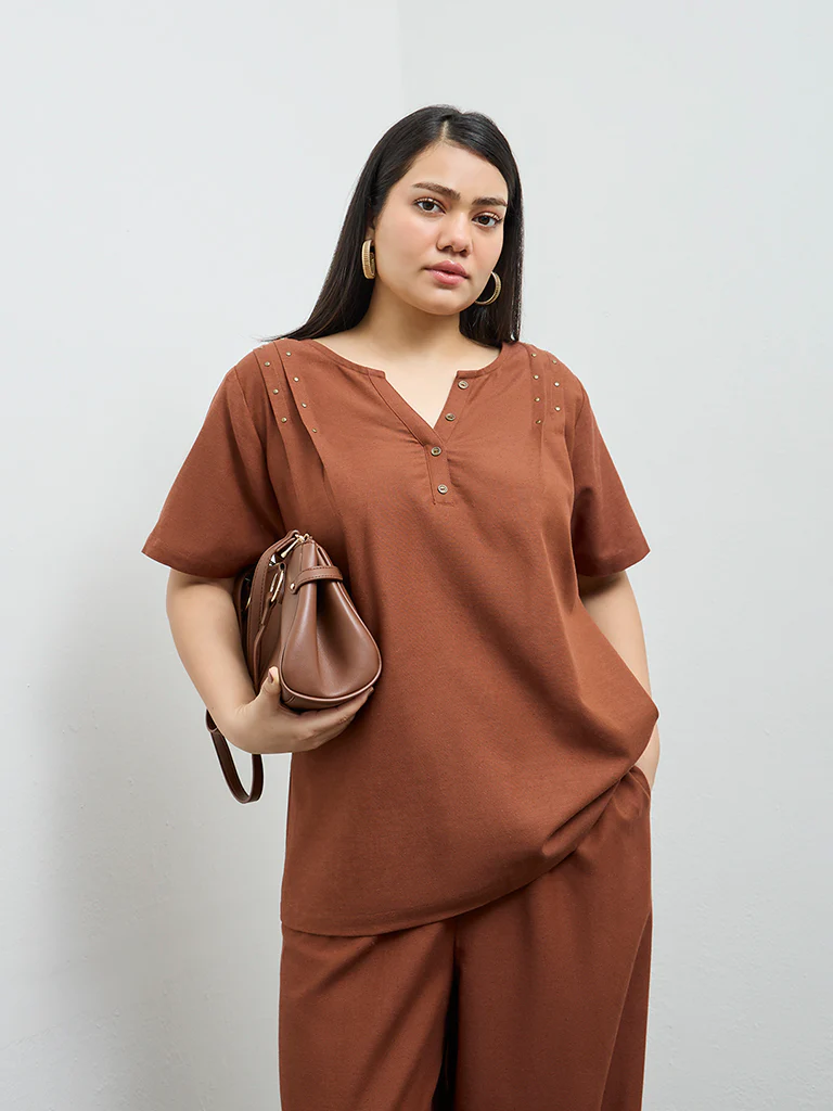 Gia Brown Stud-Detailed Blouse
