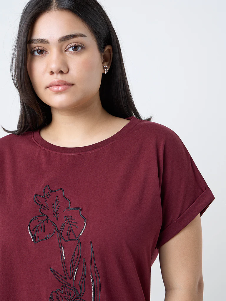 Gia Burgundy Floral Embroidered Cotton T-Shirt - Image 3