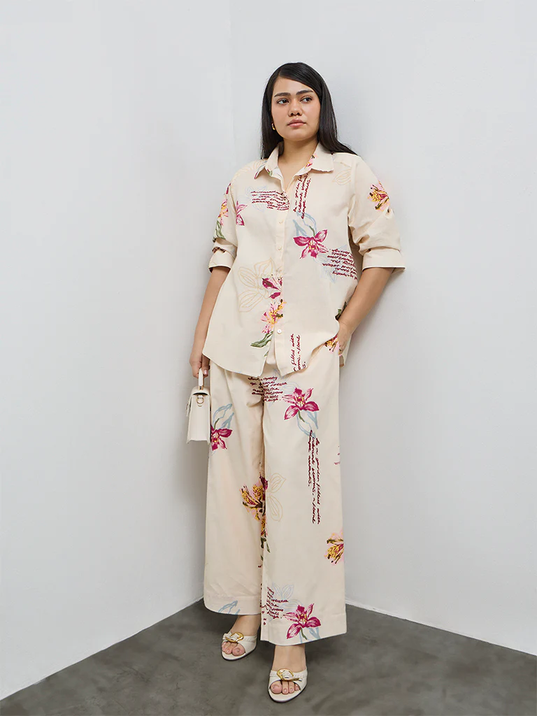 Gia Cream Floral Design High-Rise Cotton-Blend Trousers