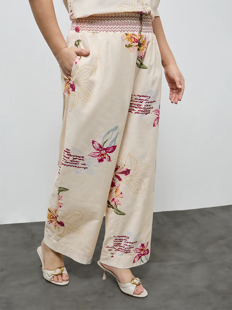 Gia Cream Floral Design High-Rise Cotton-Blend Trousers - Image 2