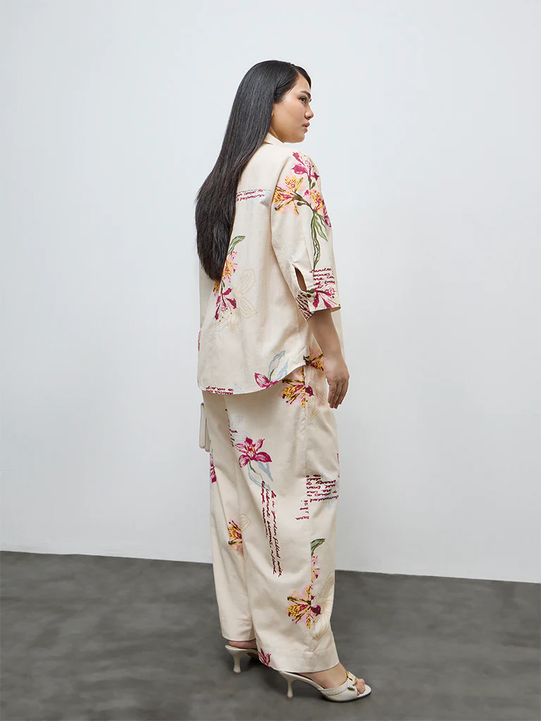 Gia Cream Floral Design High-Rise Cotton-Blend Trousers - Image 4