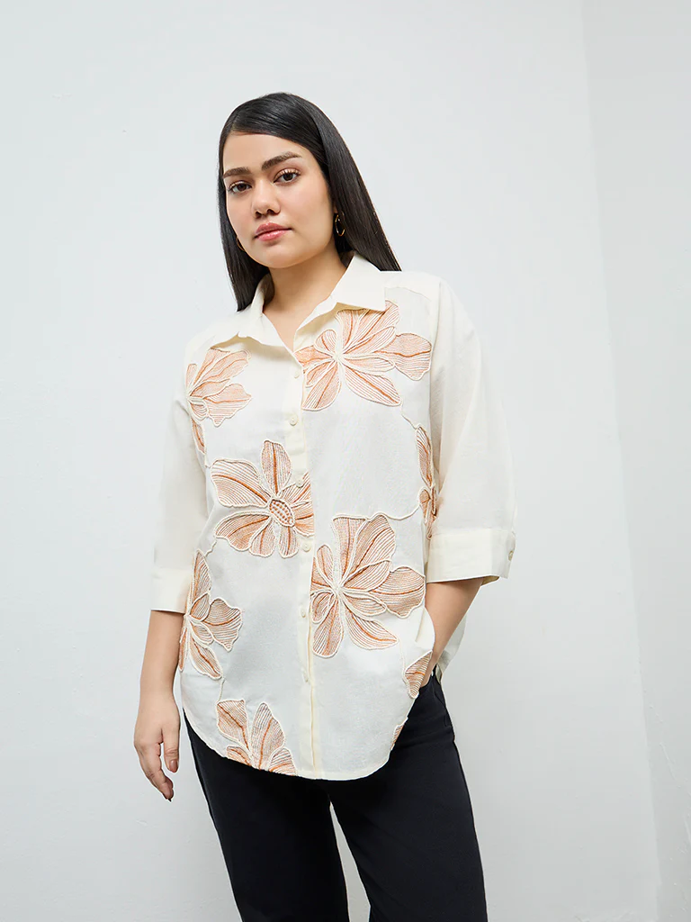 Gia Cream Floral Embroidered Cotton-Blend Shirt