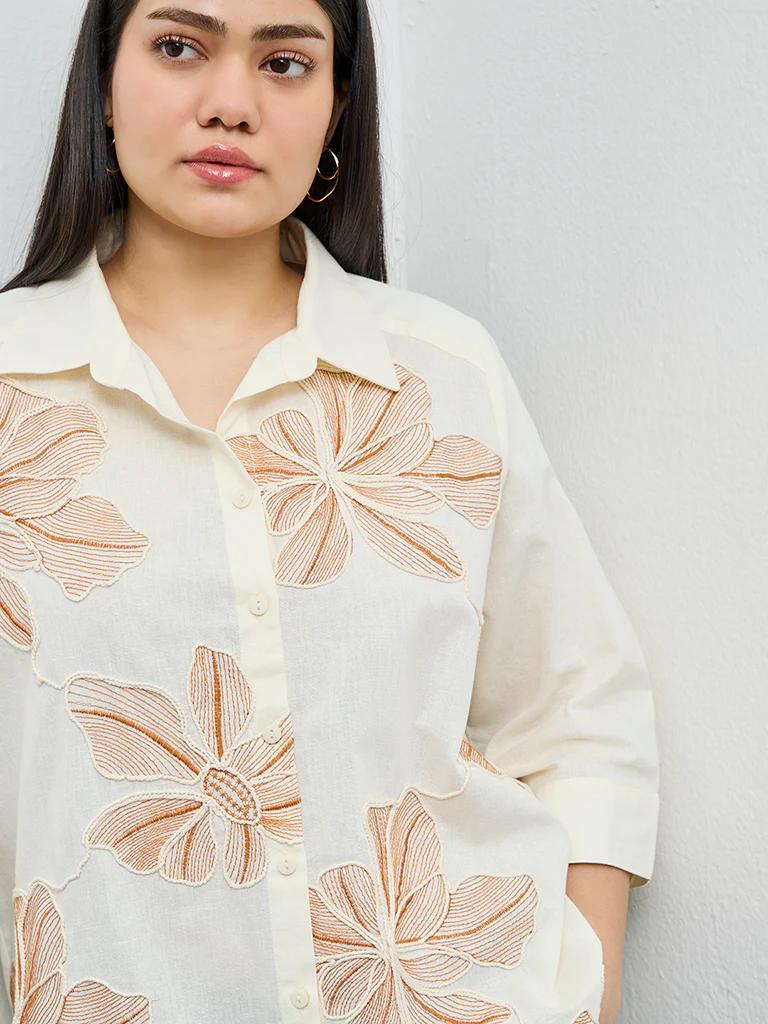 Gia Cream Floral Embroidered Cotton-Blend Shirt - Image 3