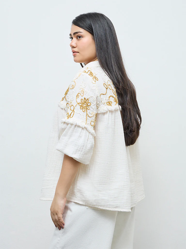 Gia Cream Floral Embroidered Cotton Blouse - Image 4
