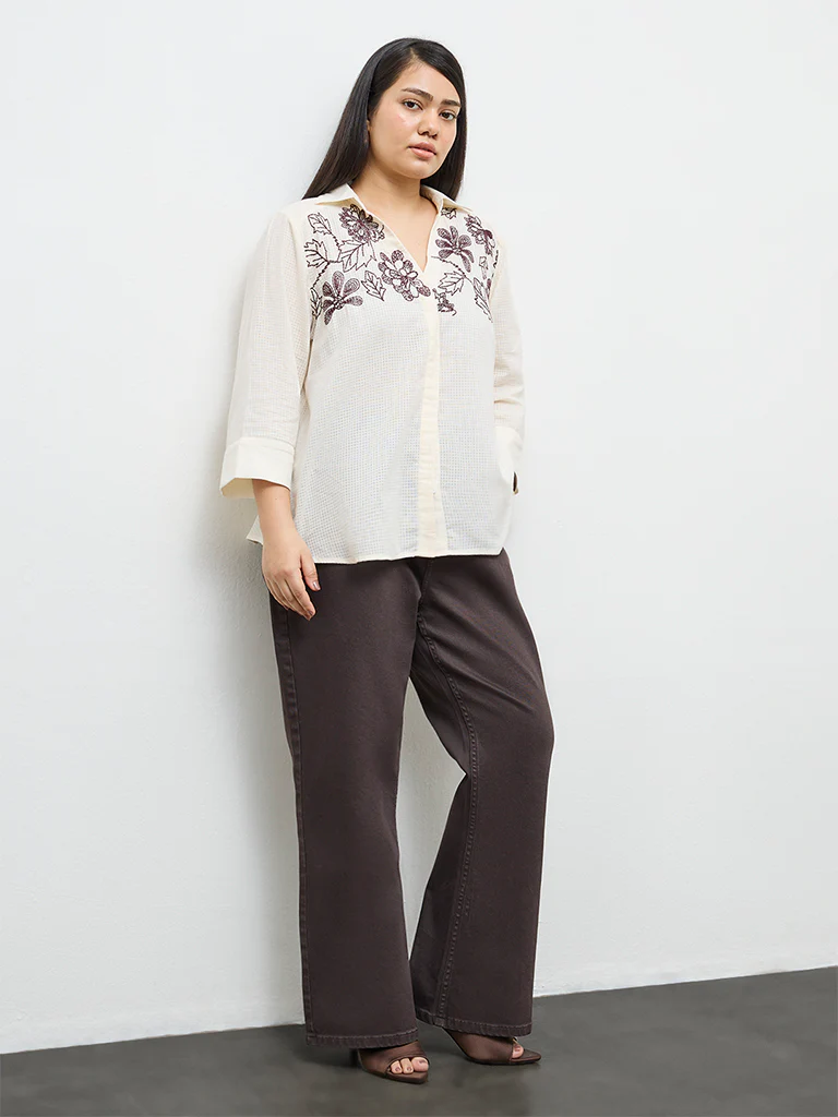 Gia Cream Floral Embroidered Cotton Shirt