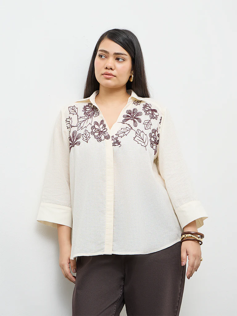 Gia Cream Floral Embroidered Cotton Shirt - Image 2