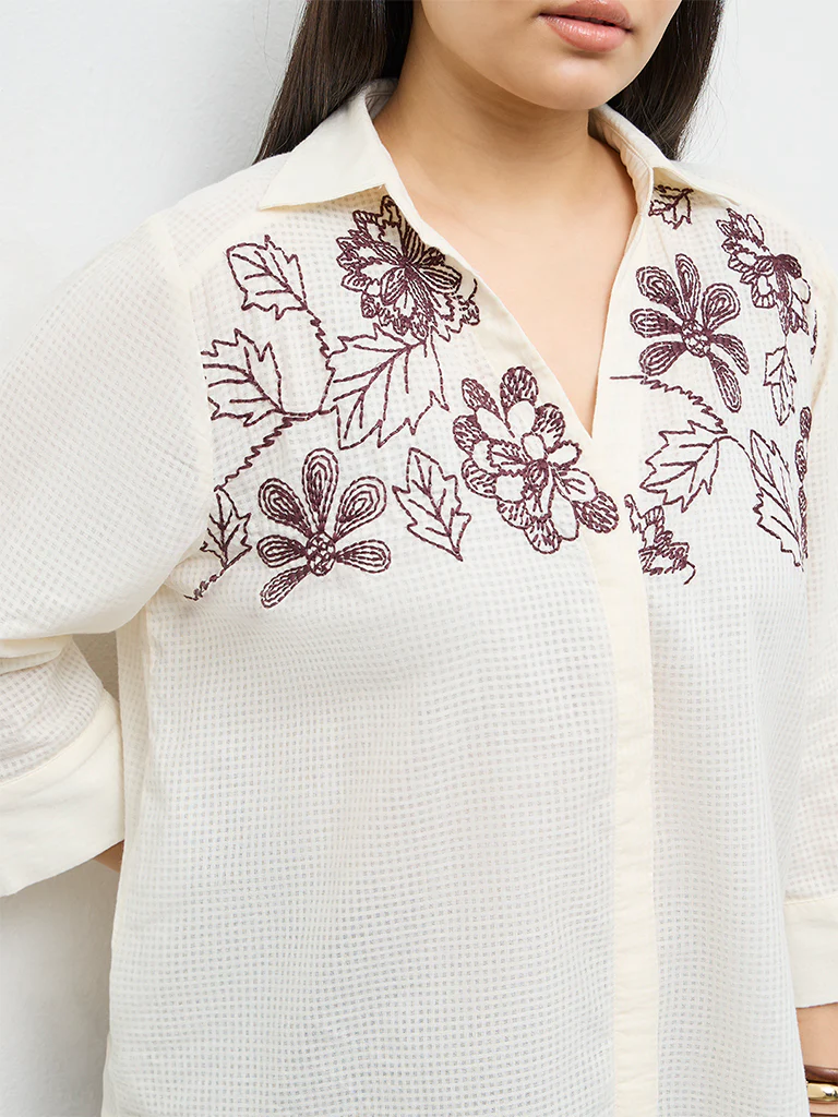 Gia Cream Floral Embroidered Cotton Shirt - Image 3