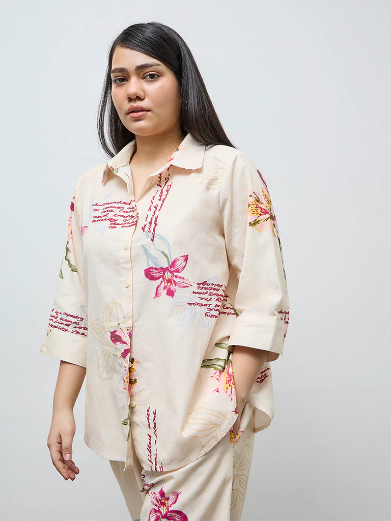 Gia Cream Floral Pattern Cotton-Blend Shirt