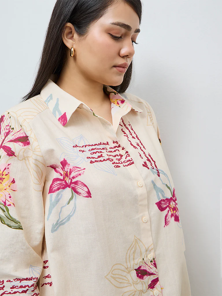Gia Cream Floral Pattern Cotton-Blend Shirt - Image 3