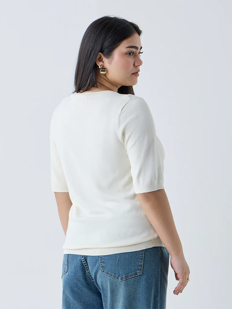 Gia Cream Solid Knitted T-Shirt - Image 4