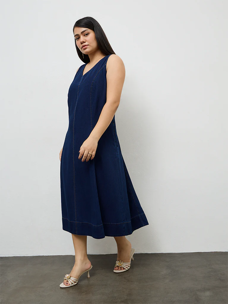 Gia Dark Blue Denim A-Line Dress - Image 2