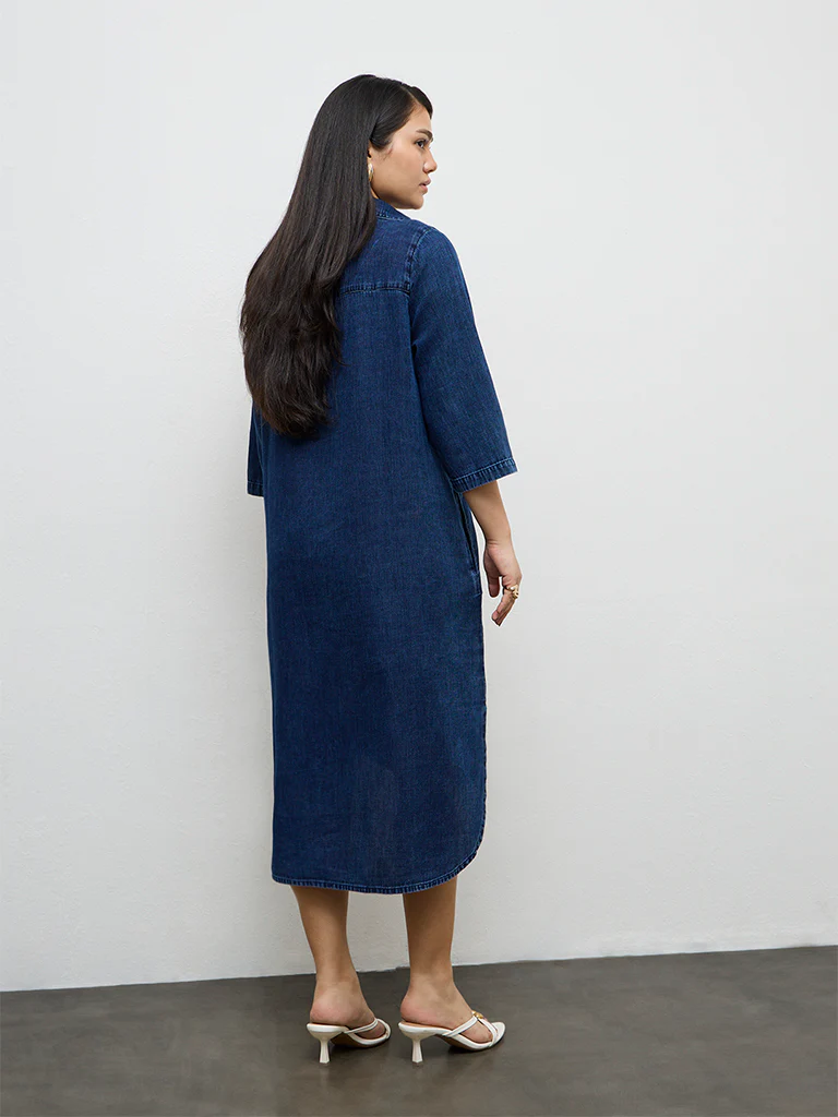 Gia Dark Blue Pintuck Denim A-Line Dress - Image 4