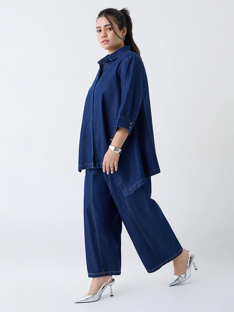 Gia Dark Blue Solid Denim Blouse - Image 2