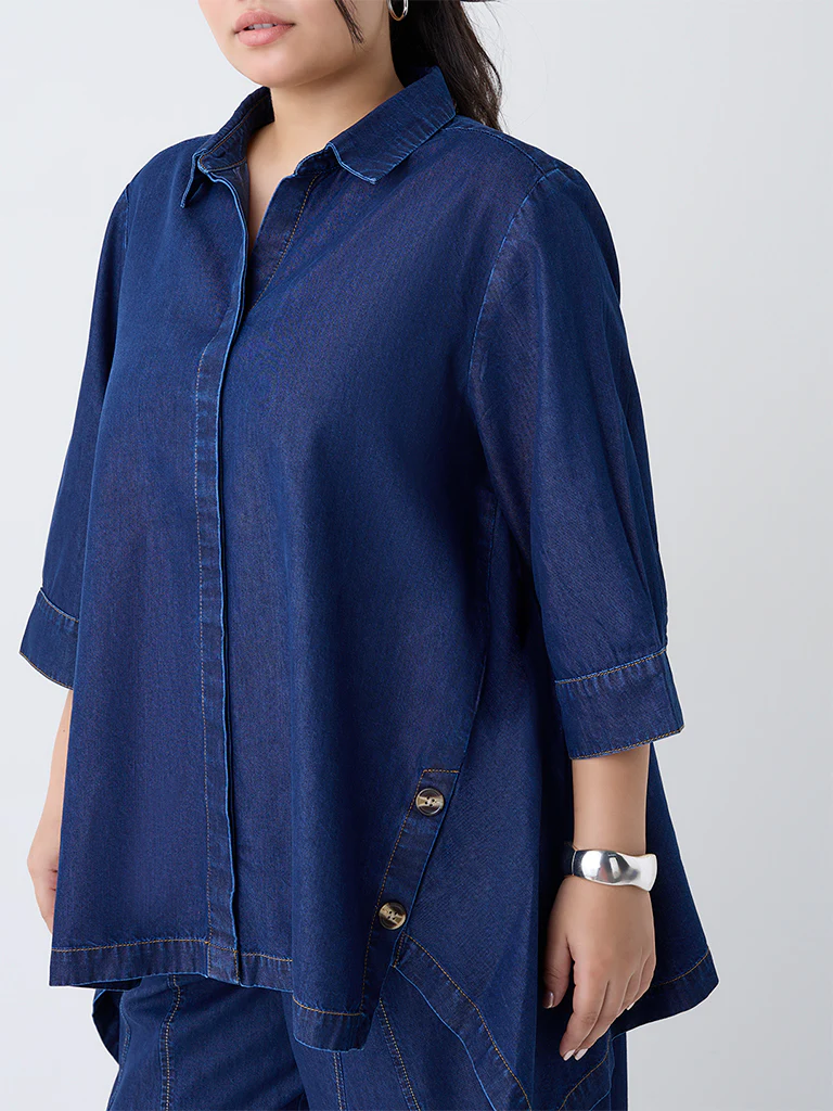 Gia Dark Blue Solid Denim Blouse - Image 3