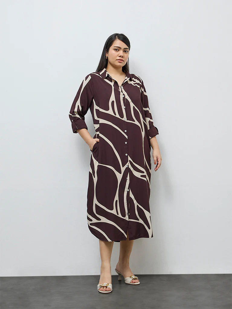 Gia Dark Brown Abstract Design Shirt Dress - Image 2