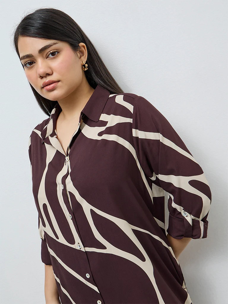 Gia Dark Brown Abstract Design Shirt Dress - Image 3