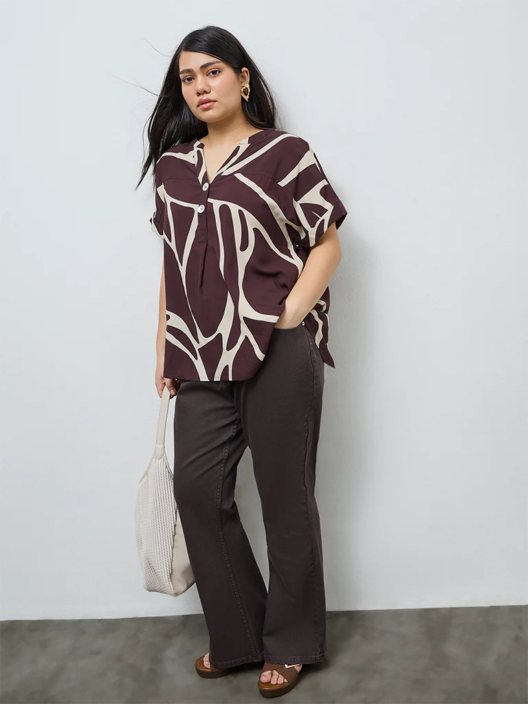 Gia Dark Brown Abstract Printed Blouse