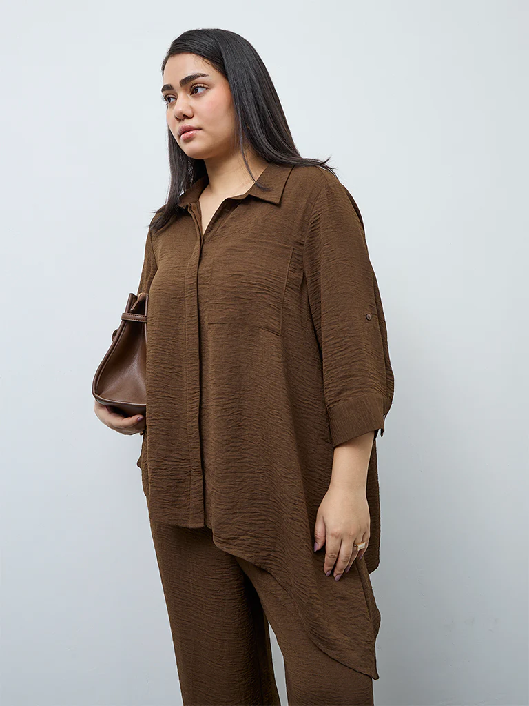 Gia Dark Brown Asymmetrical Cotton Blouse