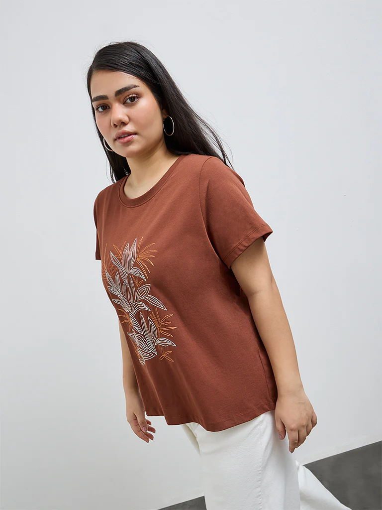 Gia Dark Brown Embroidered Cotton T-Shirt - Image 2