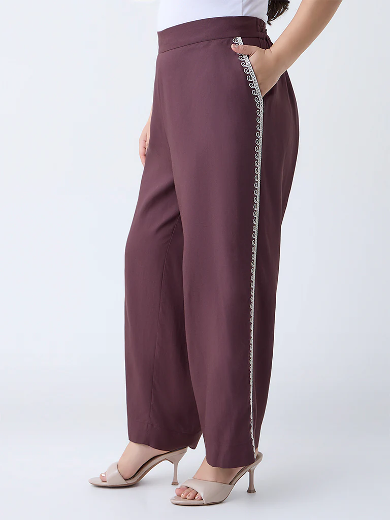 Gia Dark Brown Embroidered High-Rise Pants - Image 2