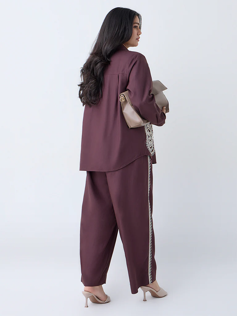 Gia Dark Brown Embroidered High-Rise Pants - Image 4
