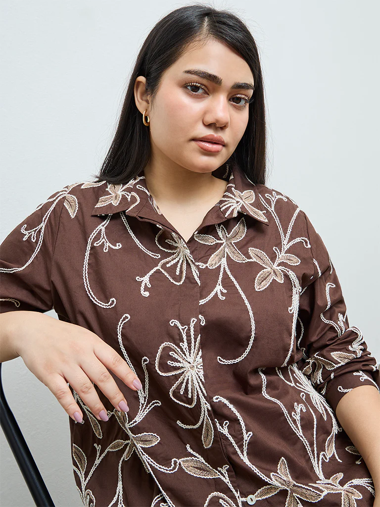 Gia Dark Brown Floral Embroidered Cotton Shirt - Image 3