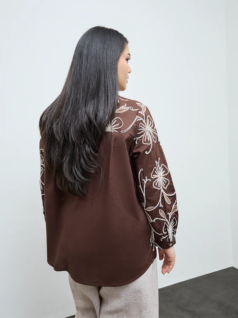 Gia Dark Brown Floral Embroidered Cotton Shirt - Image 4