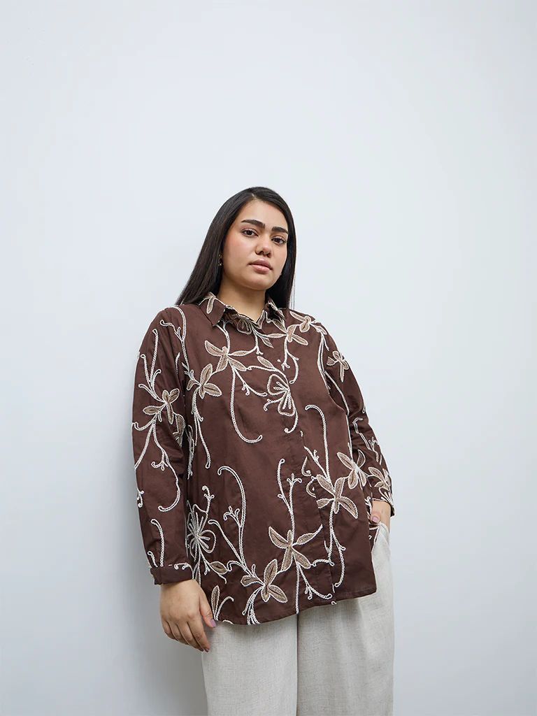 Gia Dark Brown Floral Embroidered Cotton Shirt